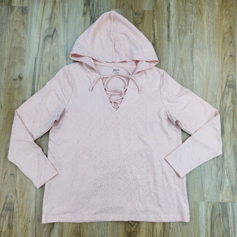 ☔️🔹️Zelos Pink & Rose Gold Metallic Polka Dot Hoodie Large